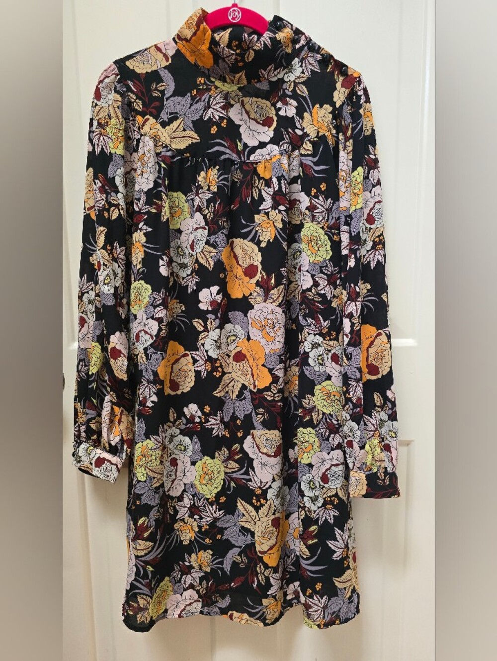 Who What Wear Black Midi Long Sleeves Dress w/ Yellow,Cream & Green Floral Print